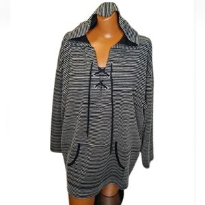 Woman Within Lace Up Hoody Woman Plus 1X  22/24W Black Nautical Striped Coastal